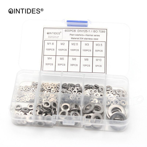 QINTIDES – Kit d'assortiment de joints de rondelle plate en acier inoxydable, rondelle plate 600 pièces/ensemble DIN125 M1.6 M2 M2.5 M3 M3.5 M4 M5 M6 M8 M10 ► Photo 1/6