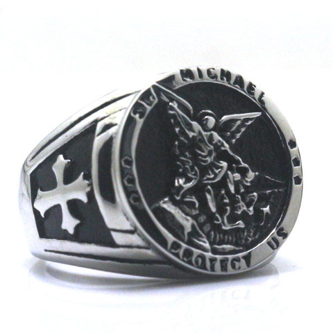 Bague ronde en acier inoxydable 316L pour hommes et garçons, croix Saint Michael protège nous, livraison gratuite, deux choix ► Photo 1/6