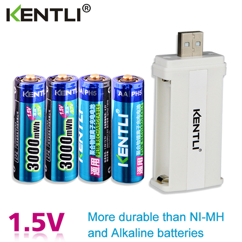KENTLI 4 pièces faible autodécharge 1.5 v 3000mWh AA rechargeable li-polymère li-ion polymère batterie au lithium + 1 chargeur intelligent USB ► Photo 1/6