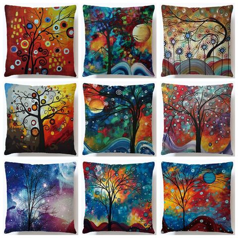 Housse de coussin arbre peinture à l'huile, taie d'oreiller en coton lin bureau, décoration de la maison canapé ► Photo 1/6