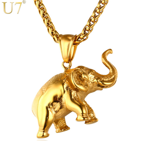 U7 – collier en forme d'éléphant pour hommes, en acier inoxydable, couleur or, bijoux tendance, pendentif et chaîne porte-bonheur, cadeau P755 ► Photo 1/6