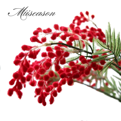 88cm 3 branches artificielles Acacia jaune Mimosa Pudica Spray fausse fleur en soie décor de fête de mariage, plante de haricot rouge pour noël ► Photo 1/1