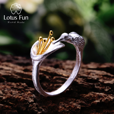 Lotus Fun réel 925 argent Sterling oiseau anneau naturel créatif Design Bijoux fins réglable colibri anneaux pour femmes Bijoux ► Photo 1/6