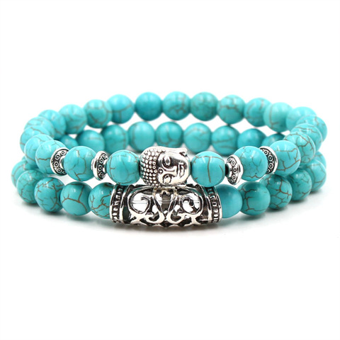 KMVEXO – 2 bracelets en pierre naturelle, couleur argent, 2 pièces, tête de bouddha, squelette de lave, Turquoises, pour femmes et hommes, ensemble de bracelets à breloques, pièces/ensemble ► Photo 1/6