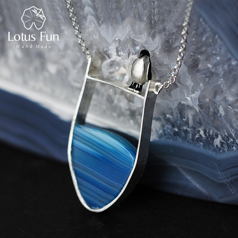 Lotus Fun réel 925 en argent Sterling Agate naturelle pierres précieuses bijoux beaux pingouin Collier avec pendentif pour les femmes Collier ► Photo 1/6