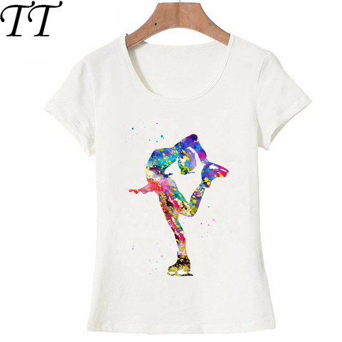 T-Shirt femme de patinage artistique, motif jeune fille, Harajuku, aquarelle, estival, hauts danseuse colorée, t-shirts occasionnels ► Photo 1/5
