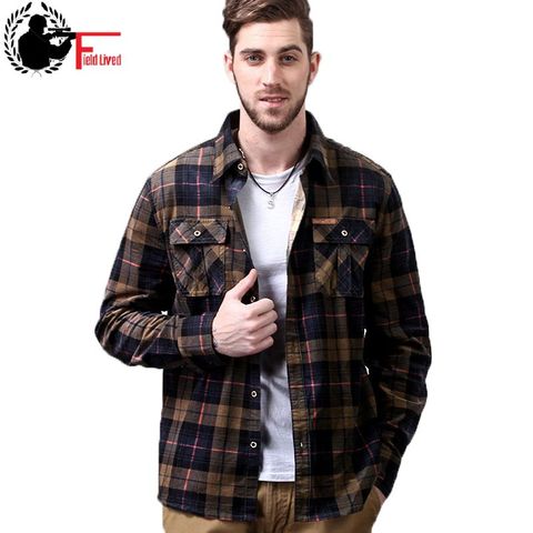 Chemise à manches longues pour homme, Style militaire, mode armée, velours côtelé, Plaid britannique, flanelle, coton, vêtements de haute qualité ► Photo 1/6