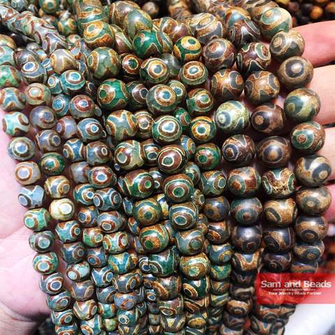 Perles d'agat tibétaines Dzi yeux vert naturel, perles rondes, amples, pour la fabrication de bijoux, bracelet, bricolage, CTB04 ► Photo 1/2
