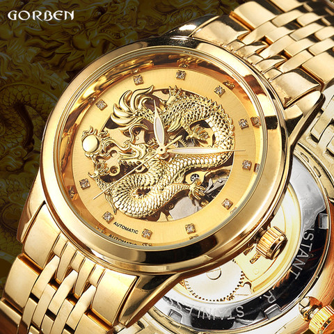Montre de luxe mécanique automatique de Dragon skull pour hommes, bracelet en acier inoxydable, horloge dorée, étanche ► Photo 1/6