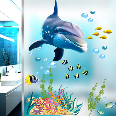 Autocollant mural avec des dauphins du monde sous-marin, décalcomanies en verre pour chambre d'enfant, décoration pour la maison ► Photo 1/6