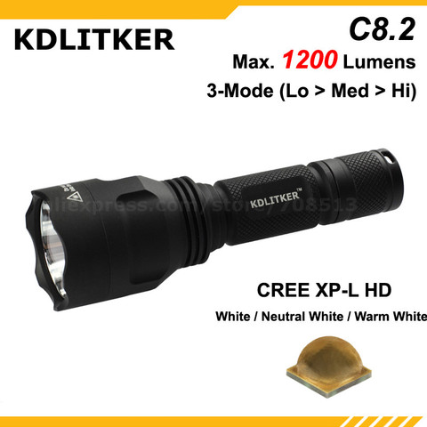 KDLITKER – lampe de poche LED C8.2 Cree XP-L HD, blanc 6500K, blanc neutre 5000K, blanc chaud 3000K, 1200 Lumens, noir (1x18650), nouveauté ► Photo 1/6