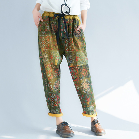 Johnature Femmes Occasionnels Pantalon Taille Élastique Imprimé Floral Printemps Automne Pantalon 2022 New Vintage Casual Poches Droites Denim Pantalon ► Photo 1/1