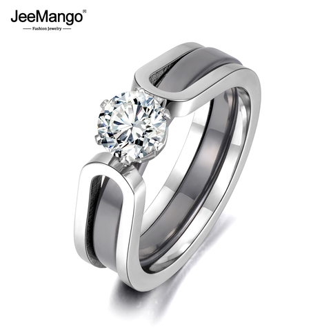 JeeMango 2 en 1 bague de mariage en cristal de céramique noir/blanc bijoux pour femmes AAA zircon cubique en acier inoxydable de fiançailles JR18071 ► Photo 1/6