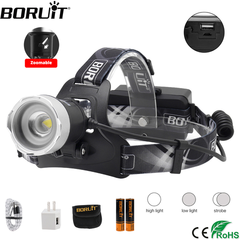 BORUiT B13 XM-L2 LED phare 1200LM 3-Mode Zoom phare Rechargeable 18650 batterie externe étanche tête torche pour le Camping ► Photo 1/6