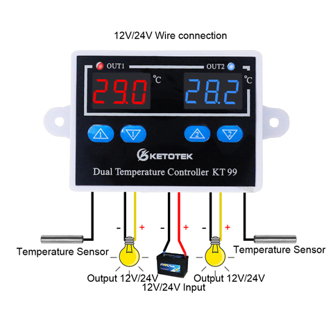 KT99 AC 220V 12V 24V numérique double thermomètre régulateur de température Thermostat incubateur contrôle micro-ordinateur double sonde ► Photo 1/6