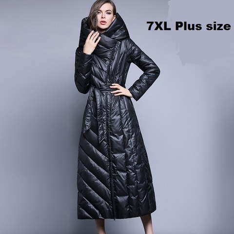 XS-7XL grande taille 90% duvet de canard manteau marque de mode à capuche longue doudoune femmes sur le genou mince plus épais manteau chaud wj1304 ► Photo 1/6