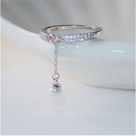 925 en argent Sterling Micro Zircon anneaux simulé perle chaîne gland anneaux réglables pour les femmes anillos Bague S-R334 ► Photo 1/6
