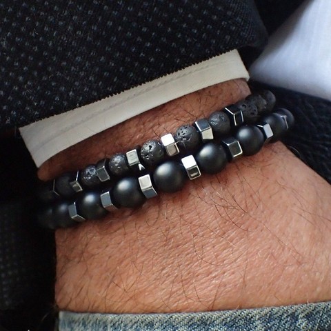 Bracelet de perles en œil de tigre pour hommes, 2 pièces/ensemble, 8mm, lave, breloque, bijoux cadeau ► Photo 1/6