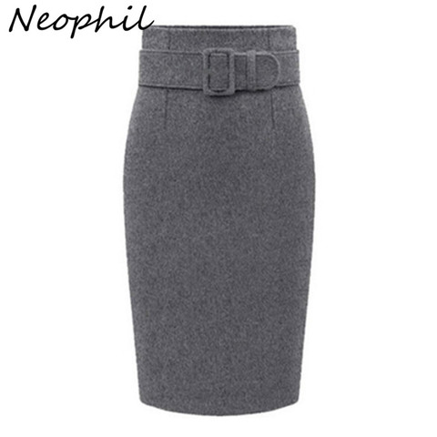 Neophil 2022 Hiver Gris Épais Laine Midi Crayon Jupes Plus La Taille Femmes Casual Slim Taille Haute Ceinture Bureau Work Wear saias S1205 ► Photo 1/4