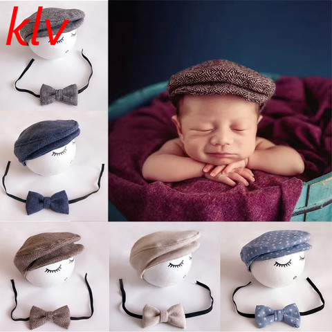 1 ensemble chapeau et cravate Crochet pour bébé, fait à la main, accessoires de photographie pour nouveau-né, bonnet, ensemble nœud papillon pour nouveau-né ► Photo 1/6