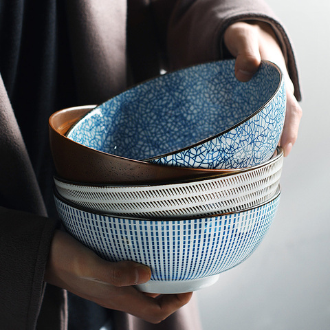 Bol Ramen japonais 8 pouces, bol à nouilles en céramique Design à rayures grand bol à soupe Restaurant vaisselle rétro de la maison ► Photo 1/6