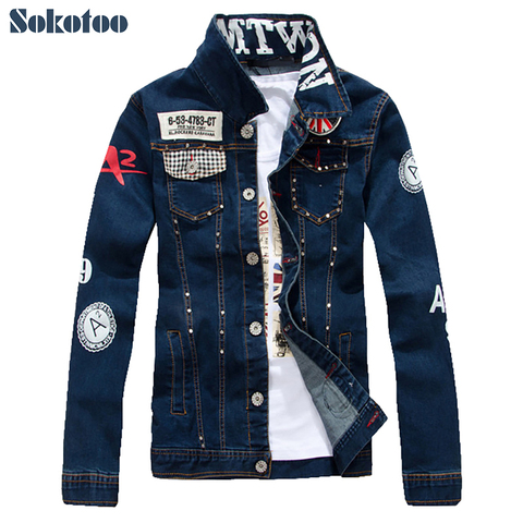 Sokotoo-veste en jean pour hommes, manteau en denim slim, vêtement d'extérieur à rivets design drapeau anglais, bleu foncé lavé, décontracté ► Photo 1/6