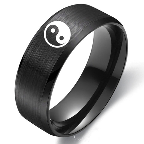 Livraison gratuite bijoux de mode 8 mm hommes potins en acier inoxydable anneau Yin Yang symbole noir de mariage de haute qualité anneaux pour hommes ► Photo 1/3