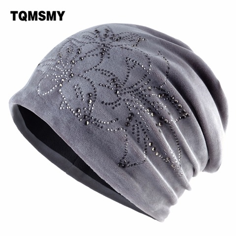 TQMSMY – bonnet en velours pour femme, accessoire de marque, fleur de lys, strass, brillant, Skullies, tricoté, TMDH59 ► Photo 1/6