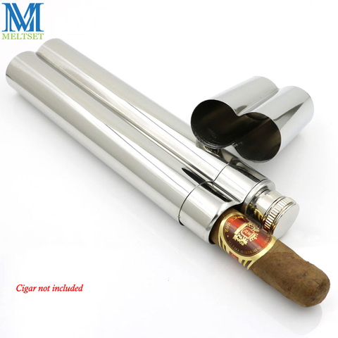 Flacon de poche en acier inoxydable 2Oz poli avec 1 Tube à cigares outils de voyage cadeau pour homme et femme ► Photo 1/1