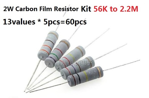 Kit de résistance en film de carbone, ensemble assorti de 13 valeurs * 5 pièces = 60 pièces 56K-2.2M 2W 5% 82K 100K 150K 220K 270K 330K OHM ► Photo 1/1