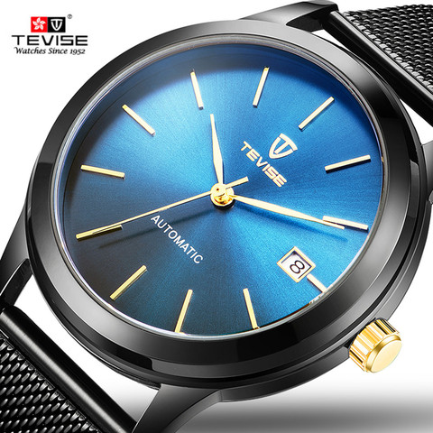 TEVISE – montre mécanique de luxe pour hommes, en maille d'acier, entièrement dorée, étanche, avec Date, noir et bleu ► Photo 1/1