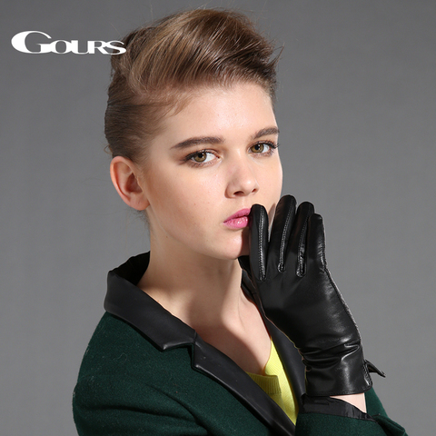 Gours Femmes En Cuir Véritable de Gants en peau de Mouton Noir Doigt Écran Tactile Gants D'hiver Chaud Épais De Mode Mitaines Nouveau GSL087 ► Photo 1/6