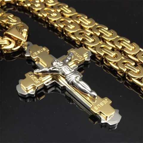 Collier Crucifix en croix de jésus en acier inoxydable pour hommes, pendentif de noël, chaîne vintage dorée, bijoux cadeaux, 1 pièces, 24 ► Photo 1/5