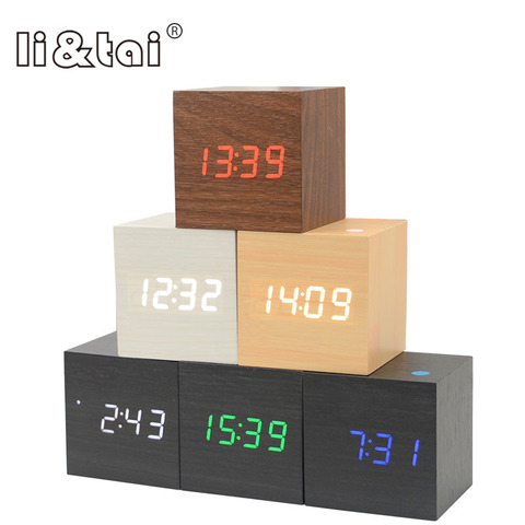 Réveil en bois multicolore Cube LED avec contrôle du son, moderne, Table de bureau carrée, thermomètre numérique, affichage de Date USB/AAA ► Photo 1/6