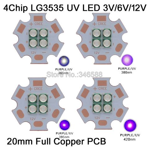 3 V/7 V/14 V Epi LED s 3535 4 puces 4 LED s 12 W haute puissance LED émetteur UV/Ultraviolet 365nm 380nm 395nm 420nm 20mm cuivre PCB ► Photo 1/6