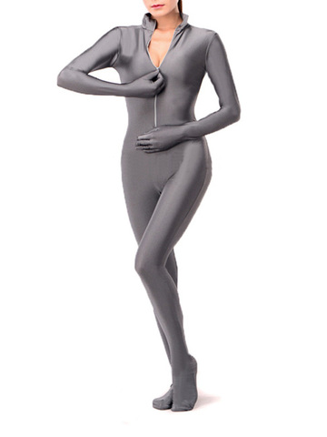 Costume Zentai gris pour enfant et adulte, fermeture éclair sur le devant, faux col, vêtement de danse, body sans capuche ► Photo 1/1