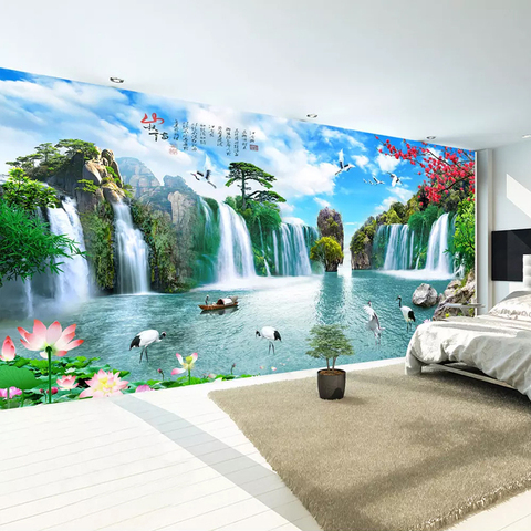 Grand papier peint Mural 3D motif cascade, paysage de montagne et d'eau, Style chinois, pour salon et arrière-plan de la télévision ► Photo 1/6