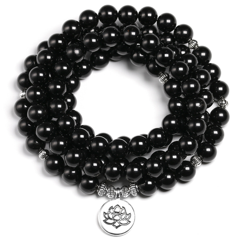 Bracelet en pierre de Tourmaline noire pour homme et femme, perles rondes naturelles et brillantes, bijoux, breloque en forme de Lotus ► Photo 1/5