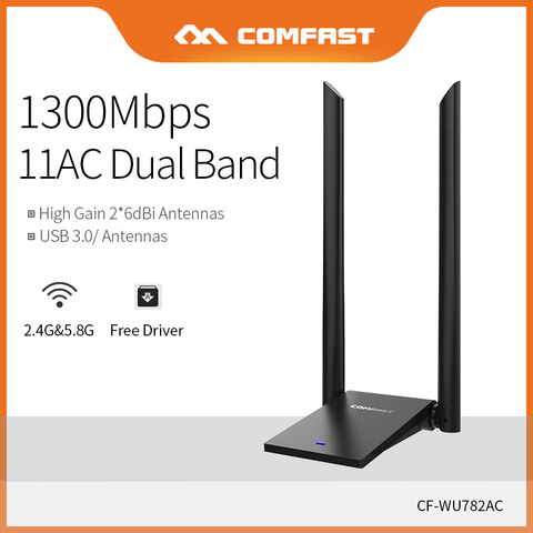 COMFAST – adaptateur WiFi USB 1300Mbps, pilote gratuit, récepteur longue Distance, 2 antennes 6dbi, carte réseau double bande CF-WU782AC ► Photo 1/6