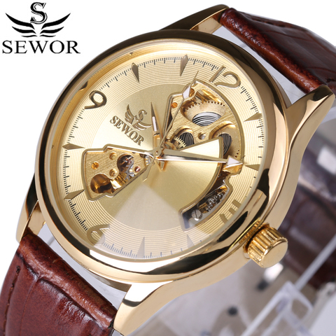 Sewor marque mécanique automatique auto-vent squelette montres mode casual hommes montre de luxe horloge bracelet en cuir véritable 2017 ► Photo 1/6