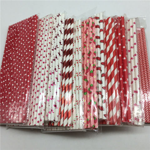 Pailles en papier à pois carrés rouges, 25 pièces/lot, pour anniversaire, mariage, fête décorative, Chevron environnemental, pailles créatives ► Photo 1/6