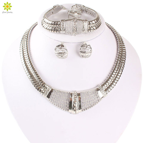 Argent plaqué Dubai africain blanc cristal collier Bracelet boucle d'oreille anneau mariage/mariée bijoux ensembles ► Photo 1/6