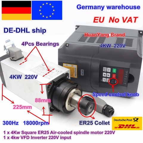 【Moteur de broche refroidi par Air carré 4kw ER25 4 roulements et inverseur 4kw VFD 220V pour fraiseuse de gravure de routeur de CNC ► Photo 1/6