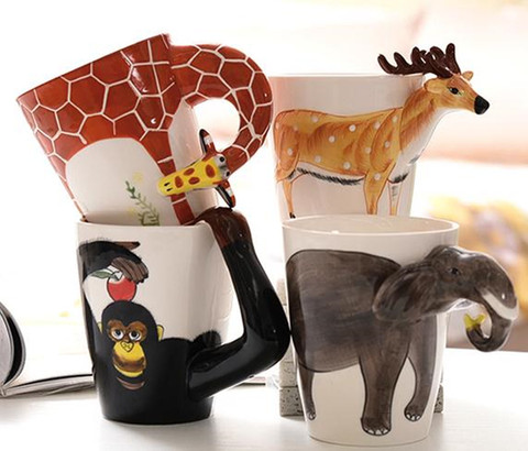 Tasse créative 3D en céramique, tasses à café, lait, thé, tasse en forme d'animaux 3D peinte à la main, girafe de vache, tasse de singe, cadeau, nouveau design ► Photo 1/6