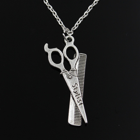 Nouvelle mode ciseaux de coiffeur peigne coiffeur Pendentifs rond croix chaîne court Hommes Femmes argent collier Bijoux Cadeau ► Photo 1/3