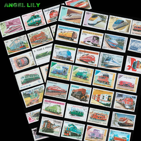 50 pièces/lot tous les différents Trains électriques Diesel sujet timbres-poste avec marque postale pour la Collection ► Photo 1/3