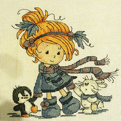 Kit de points de croix pour la petite fille et ses amis, broderie manuelle noire, DMC compté 14ct 11ct, fournitures couture à la main travaux manuels ► Photo 1/2