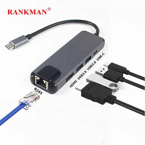 Rankman type-c vers Gigabit Ethernet RJ45 4K HDMI-compatible USB 3.0 C adaptateur pour MacBook Samsung S8 Dex Huawei P20 Xiaomi TV ► Photo 1/6