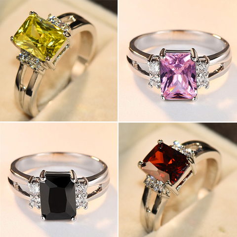 Femme de luxe rose rouge jaune noir bague en pierre de mode couleur argent bijoux de mariage cristal promesse bagues de fiançailles pour les femmes ► Photo 1/6