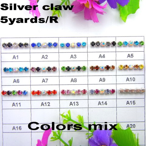 Mélange de couleurs de griffe en argent haute densité, 5 mètres/rouleau ss6 2mm ss8 2.5mm ss10 2.8mm ss12 3mm chaîne de strass à coudre sur la colle ► Photo 1/6